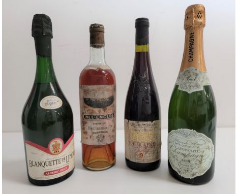 FOUR BOTTLES OF VINTAGE WINE AND CHAMPAGNEcomprising a bottle of Bel-Enclos Graves dry Bordeaux 1934 (not volume or age state