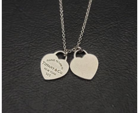 TIFFANY & CO. SILVER MINI DOUBLE HEART TAG PENDANT on a Tiffany & Co. silver chain 
