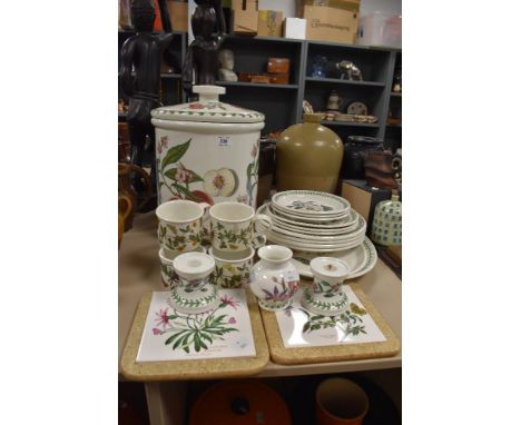 A selection of Portmeirion china including bread crock, mugs and plates etc.