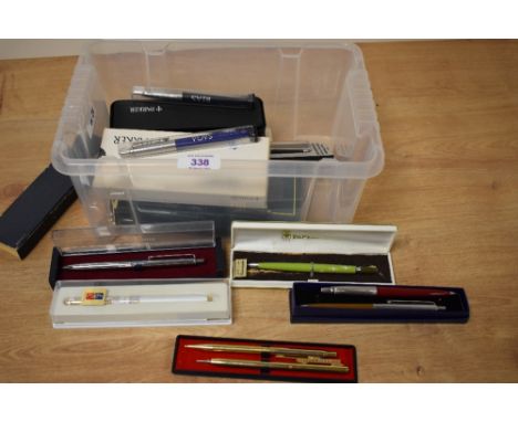 A box of predominately Parker and Papermate ballpoint pens some boxed