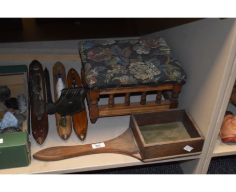 A vintage oak church collection's tray sold together with a embroidered footstool and  weaving shuttles etc.