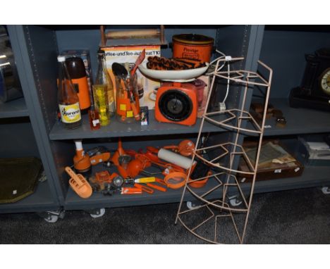A vintage 5 tier metal pan stand, h83cm, sold together with many various kitchen utensils, to include a crocket-ette slow ele