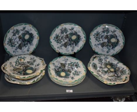 A group 19th century William Brownfield dessert plates, having hand coloured green fruit and foliage on a white ground with g