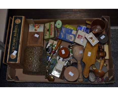A miscellaneous selection of items including pins, badges trinket dishes and a brass tankard etc.