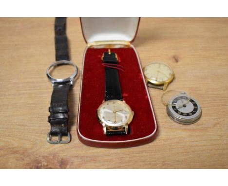 Three vintage wristwatches, comprising Tissot, Timex, and Ingersoll, the Tissot missing a strap all in a Timex box