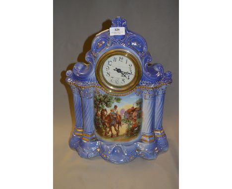 Blue & White Gilt Pottery Mantel Clock with Decorative Panel 