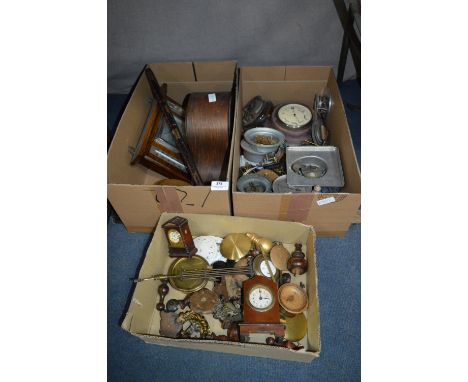Three Boxes Containing Barometer, Mantel Clocks, Clock Parts, Movements, etc. 