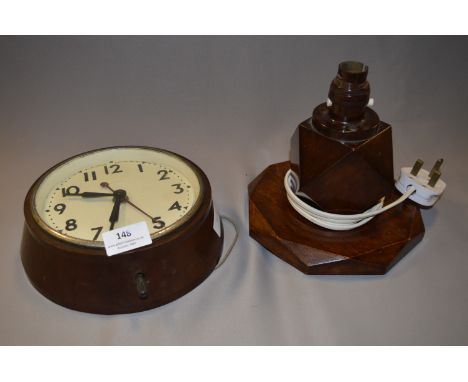 Bakelite Wall Clock and a Wooden Table Lamp 