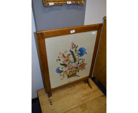 Oak Framed Fire Screen Table with Needlework Panels 