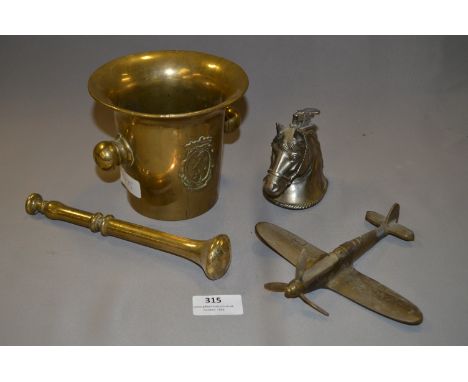 Brass Mortar and Pestle, Spitfire Aeroplane and a Horsehead Table Lighter 