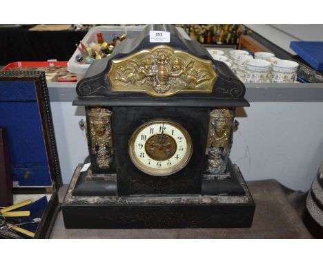 Slate and Marble Mantel Clock with Embossed Brass Decoration 