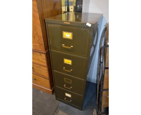 Vickers Armstrongs Green Metal Four Drawer Filing Cabinet with Bronze Handles 