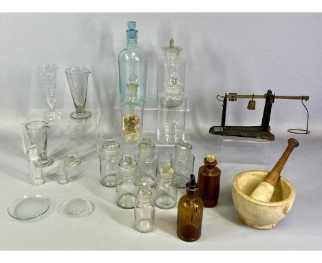 GROUP OF ITEMS OF MEDICAL INTEREST including a Fairbanks cantilevered beam scales, stamped in drachms for apothecary use, var