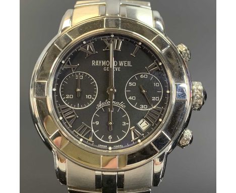 RAYMOND WEIL PARSIFAL STAINLESS STEEL AUTOMATIC CALENDAR CHRONOGRAPH BRACELET WRISTWATCH, no. 7241, circa 2006, black dial wi