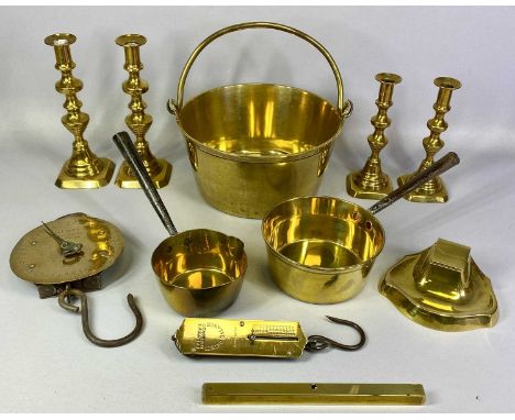 GROUP OF BRASSWARE, mainly 19th century, including circular trivet with swing handle, 27cms (diam.), two Salters spring balan