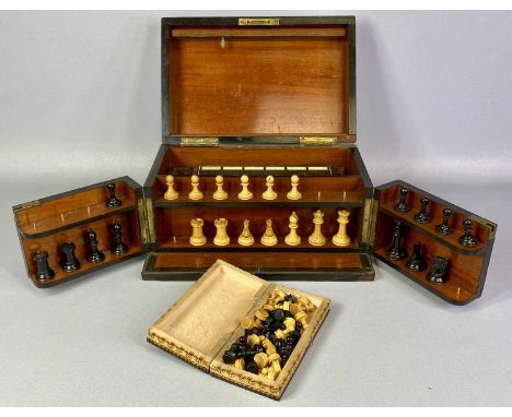 VICTORIAN CORAMANDEL GAMES COMPENDIUM, hinged cover and two front doors, containing a boxwood and ebony part chess set, part 