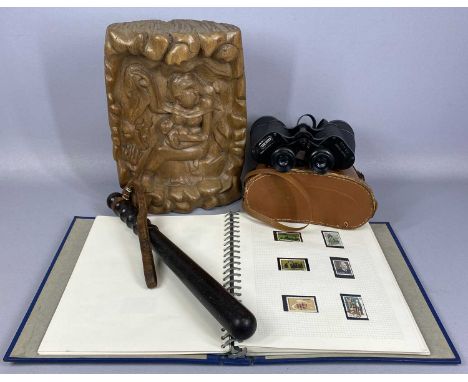 GROUP OF COLLECTABLES, Indian bark carving of female and child, 31.5cms (h), 1960s ebony truncheon with leather wrist strap, 