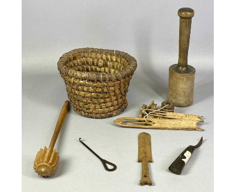 GROUP OF ANTIQUE/VINTAGE WELSH FOLK ITEMS including wooden net making tools, a spoon carver with curved steel blade, sewing b