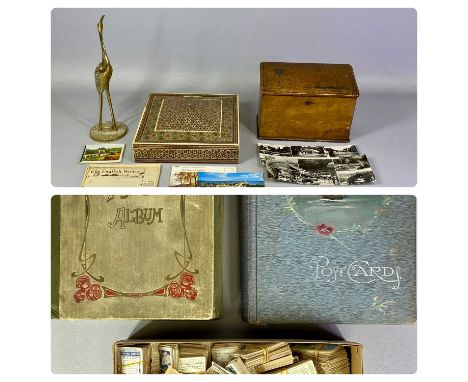 COLLECTABLES including antique & vintage postcards contained in two albums, various loose cigarette cards, leather covered le