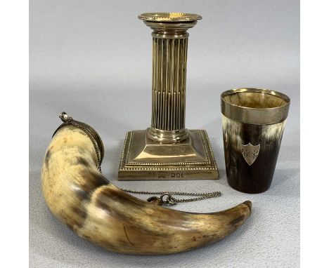 SILVER/SILVER MOUNTED ITEMS, Edwardian silver candlestick, square base, Corinthian column, removable nozzle, London 1904, Map