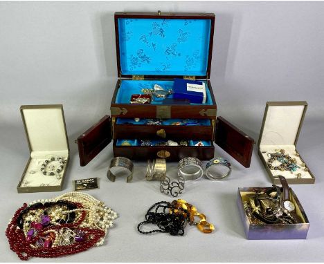 COSTUME JEWELLERY, WATCHES & RELATED ITEMS including Chinese hardwood trinket box with hinged cover over double doors with tw