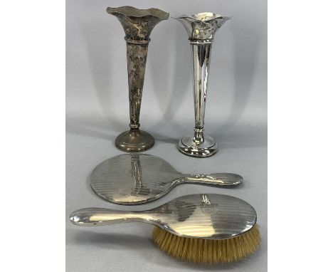 SILVER TRUMPET FORM VASES a pair, Sheffield possibly 1924, Walker & Hall, 26cms (h) and a silver backed hand mirror and hair 