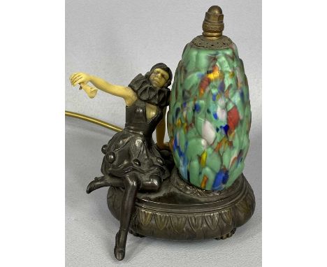 ART DECO STYLE BRONZED SPELTER TABLE LAMP cast as seated female with composite face, chest and arms, moulded multicoloured gl