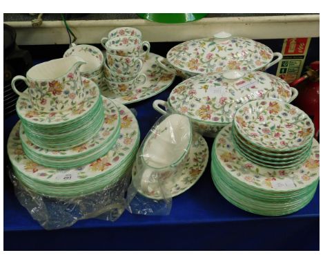 QUANTITY OF MINTON HADDON HALL DINNER WARES TO INCLUDED PLATES, TWO OVAL TUREENS, CUPS, SAUCERS ETC 