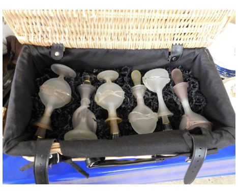 WICKER HAMPER CONTAINING MODERN GLASS SCENT BOTTLES 