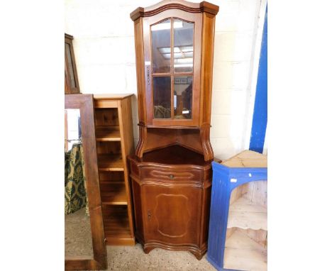 TEAK EFFECT FLOOR STANDING CORNER CUPBOARD WITH SINGLE GLAZED DOOR WITH OPEN SHELF, WITH SINGLE DOOR OVER PANELLED CUPBOARD D