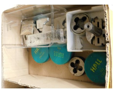 BOX OF ENGINEERING TOOLS, TAP DIE PART SET ETC 