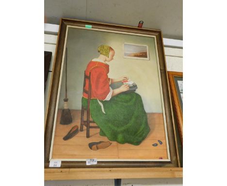 R NEWBOLD, SIGNED MODERN OIL, AFTER VERMEER, INTERIOR SCENE 