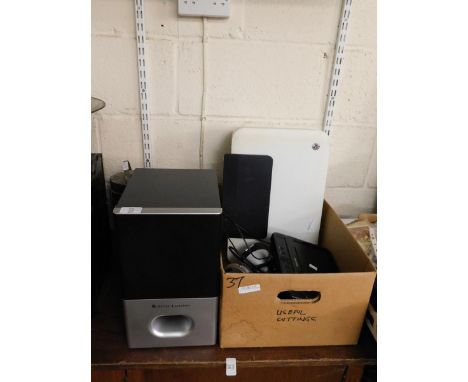 BOX CONTAINING MIXED COMPUTER SUNDRIES AND ALTEC LANSING SPEAKER, AN HP SCANNER PRINTER ETC 
