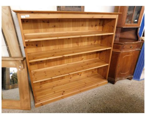 STAINED PINE FRAMED OPEN FRONTED THREE FIXED SHELF BOOKCASE WITH PANEL BACK 