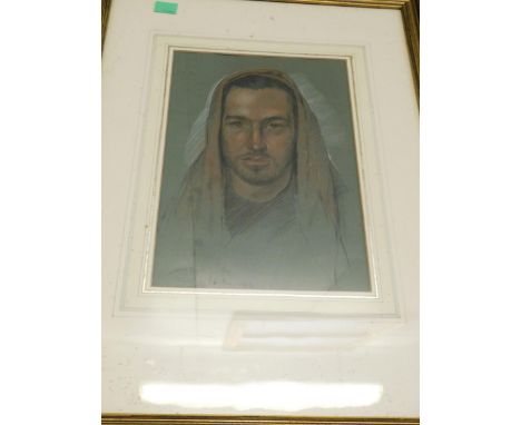 TIMOTHY EASTEN, SIGNED AND DATED 1969, CHALK DRAWING, HEAD AND SHOULDERS PORTRAIT OF A HOODED MAN 