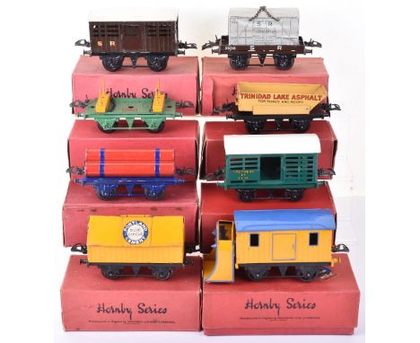 Eight Hornby Boxed 0 Gauge Rolling Stock, including: RS681 Snow Plough, yellow/blue body, No 1 Cattle truck Southern region, 