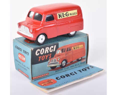 Corgi Toys 403M Bedford 12 cwt Van “K.L.G. Plugs” red body, flat spun wheels, in near mint original condition, with working m