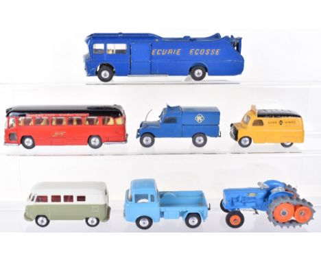 Seven Unboxed Corgi Toys,54 Fordson Power Major Tractor with Roadless half-tracks (missing exhaust) 408 Bedford A.A. Van, 409