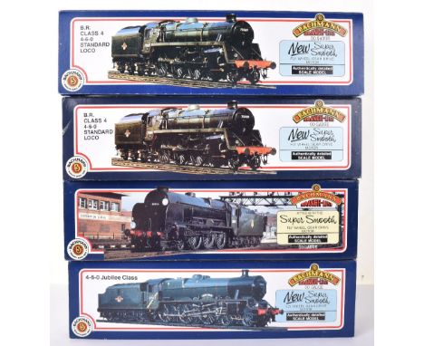 Bachmann four BR locomotives, boxed 31-100 4MT 4-6-0 locomotive and tender, BE black, 31-101 Standard 4MT 4-6-0 locomotive an