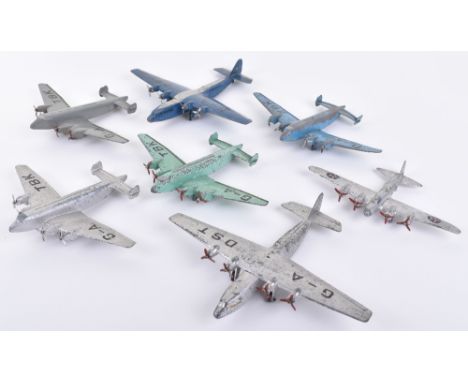 Seven Unboxed Playworn Dinky Toys Aircraft, 62g Long Range Bomber, silver body, 62p Armstrong Whitworth Air Liner ‘Explorer’ 