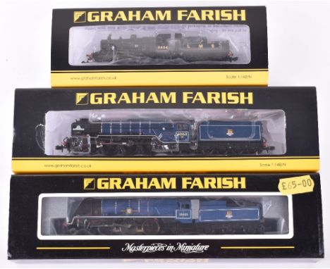 Three boxed Graham Farish N gauge locomotives, 372-301 Merchant Navy 4-6-2’Canadian Pacific’, BR clue, 372-800B Class A1 4-6-