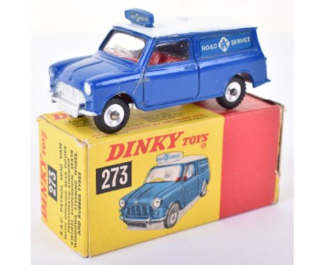 Dinky Toys  273 R.A.C Patrol Mini Van, blue body, white roof, silver base red interior, ‘ROAD SERVICE’ to sides and plastic r