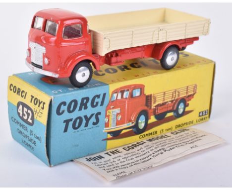 Corgi Toys 452 Commer (5 Ton) Dropside Lorry, red cab/chassis, smooth wheel hubs, in near mint original condition, yellow/blu