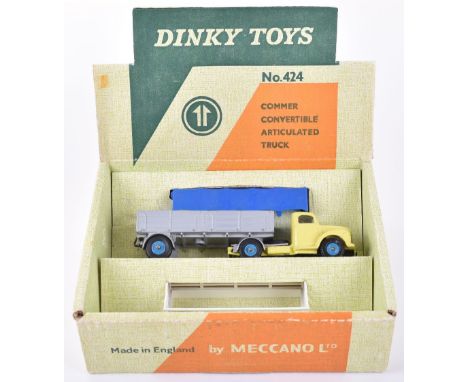 Dinky Toys 424 Commer Convertible Articulated Truck, yellow cab, with windows silver grey back, blue plastic tilt, white stak