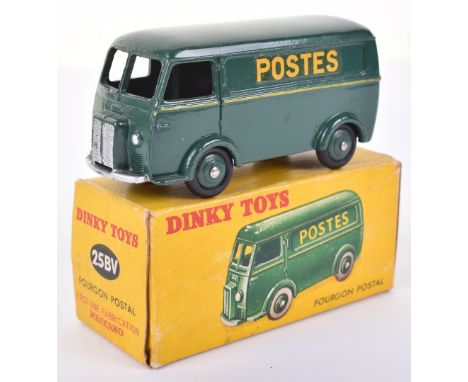 French Dinky Toys 25BV Peugeot D.3.A Postal Van ‘Postes’ dark green body, dark green ridged wheel hubs, in near mint original