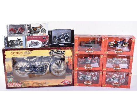 Quantity Of Motorcycle Boxed Models, Guitoy 1/6 scale Indian Scout 1920, 6 x Series 5 Maisto 1:18 scale Harley Davidson model