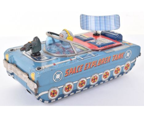 Space Explorer Tank tinplate battery operated Space toy, Japanese 1960s, lithographed in blue and red with details, astronaut