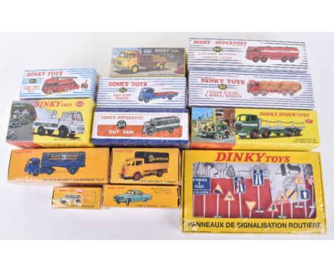 Thirteen Atlas Edition Dinky Toys/French Dinky Toys Diecast Models,593 road sign set, 25J Ford Calberson, 32E  Berliet fire e