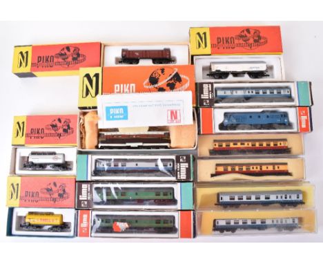 Boxed Piko and Lima N gauge locomotives and rolling stock, Piko 0-6-6-0 Electric locomotive brown/cream livery, bogie open wa