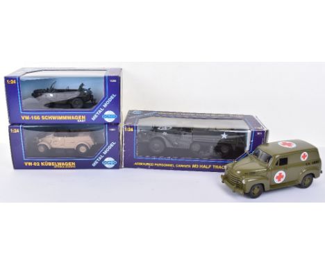 Three Boxed Gonio 1/24th Scale Boxed Military Models, 1001 VW-82 Kubelwagen Afrika Korps, 1005 VW 166 Schwimmwagen East, 1011